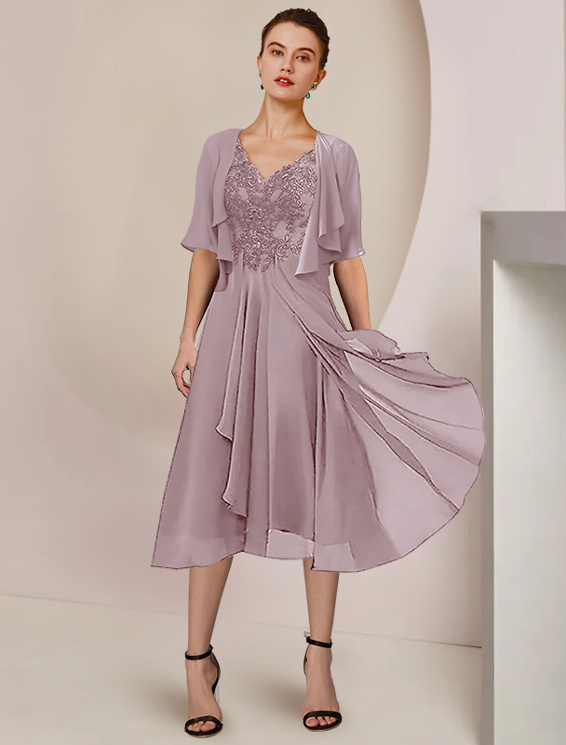 Wholesale  Two Piece A-Line Mother of the Bride Dress Formal Wedding Guest Elegant V Neck Asymmetrical Tea Length Chiffon Lace Short Sleeve Wrap Included with Pleats Appliques